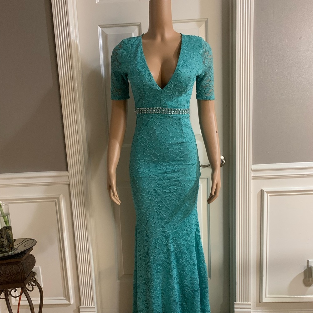 Women junior blue green lace bodycon mermaid maxi dress size (S) zipper back - Picture 1 of 14